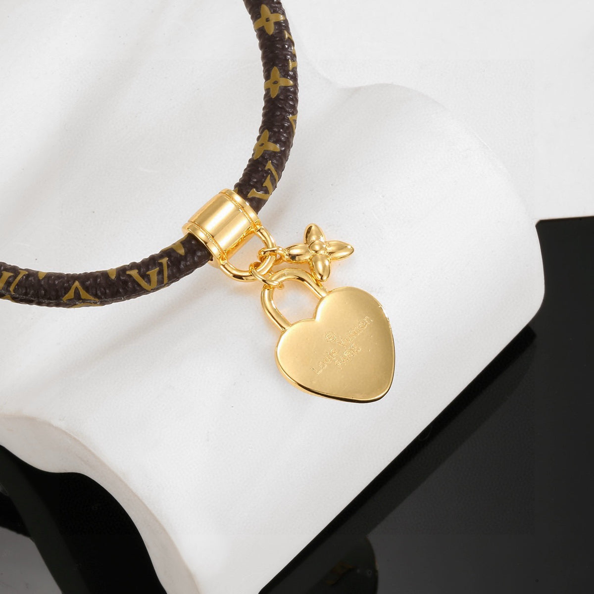 Geometric Emblem Leather-Detail Bracelet – Leather Detail – Design 009 styled product view
