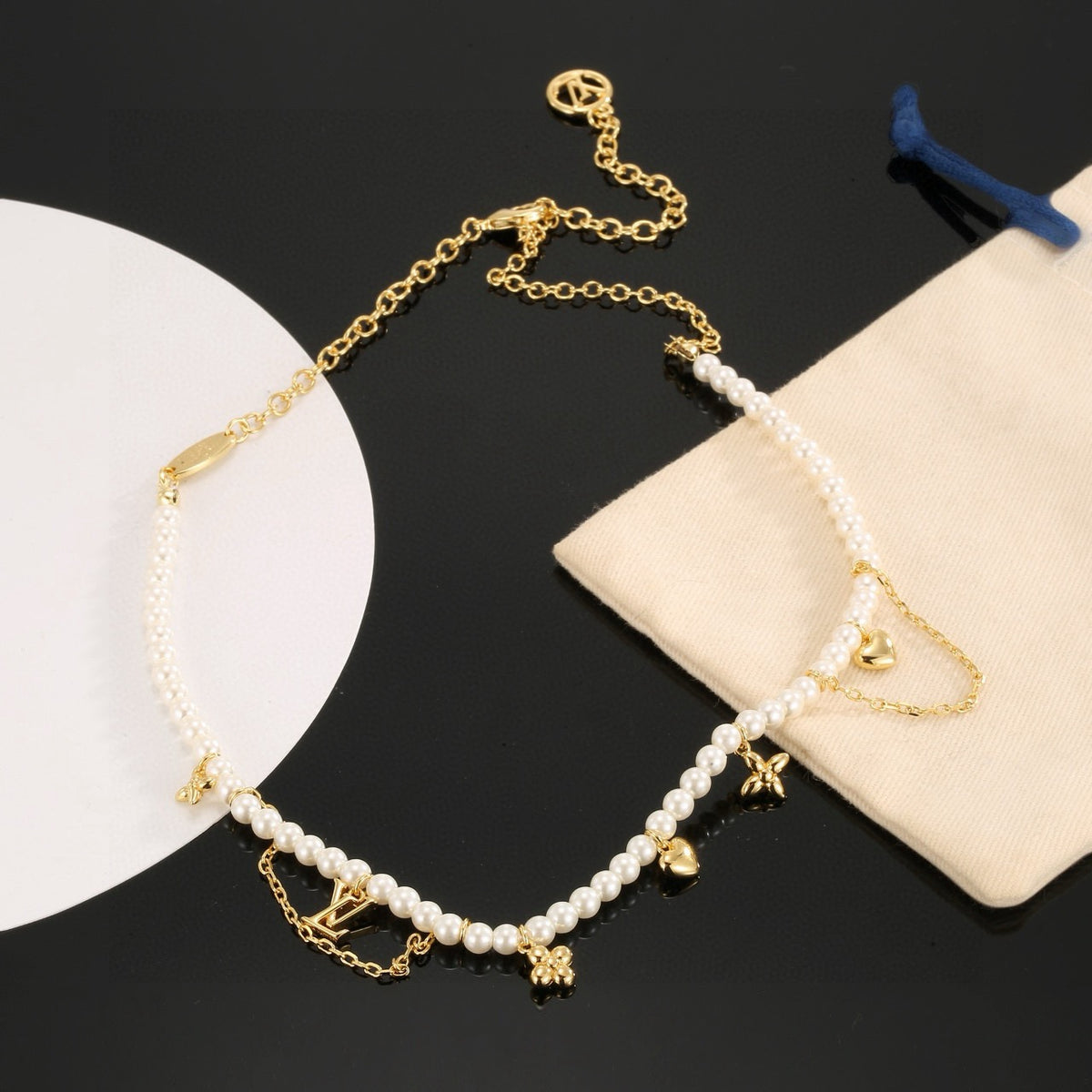 Letter Emblem Pendant Necklace in Polished Metal-Tone – Pearl Detail front product view