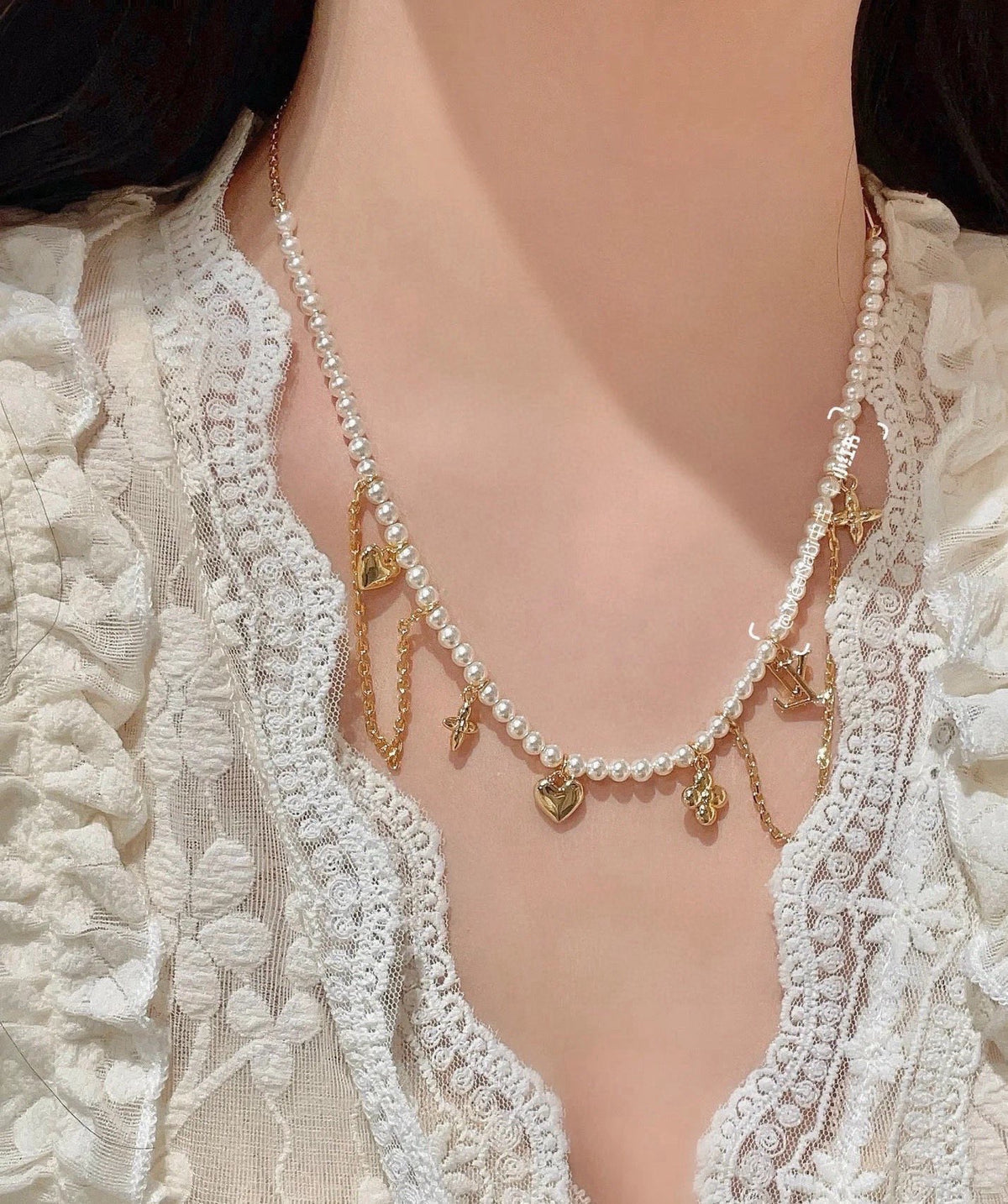 Letter Emblem Pendant Necklace in Polished Metal-Tone – Pearl Detail side detail