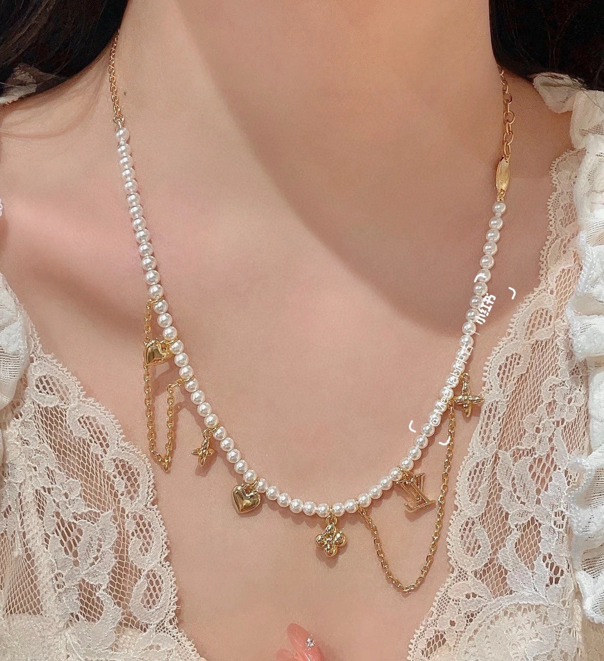 Letter Emblem Pendant Necklace in Polished Metal-Tone – Pearl Detail main product view