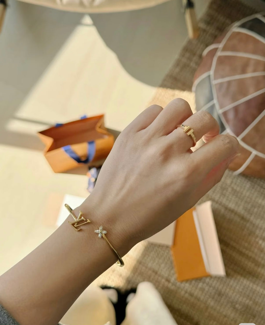 Letter Emblem Bangle in Polished Metal-Tone – Design 005 styled product view