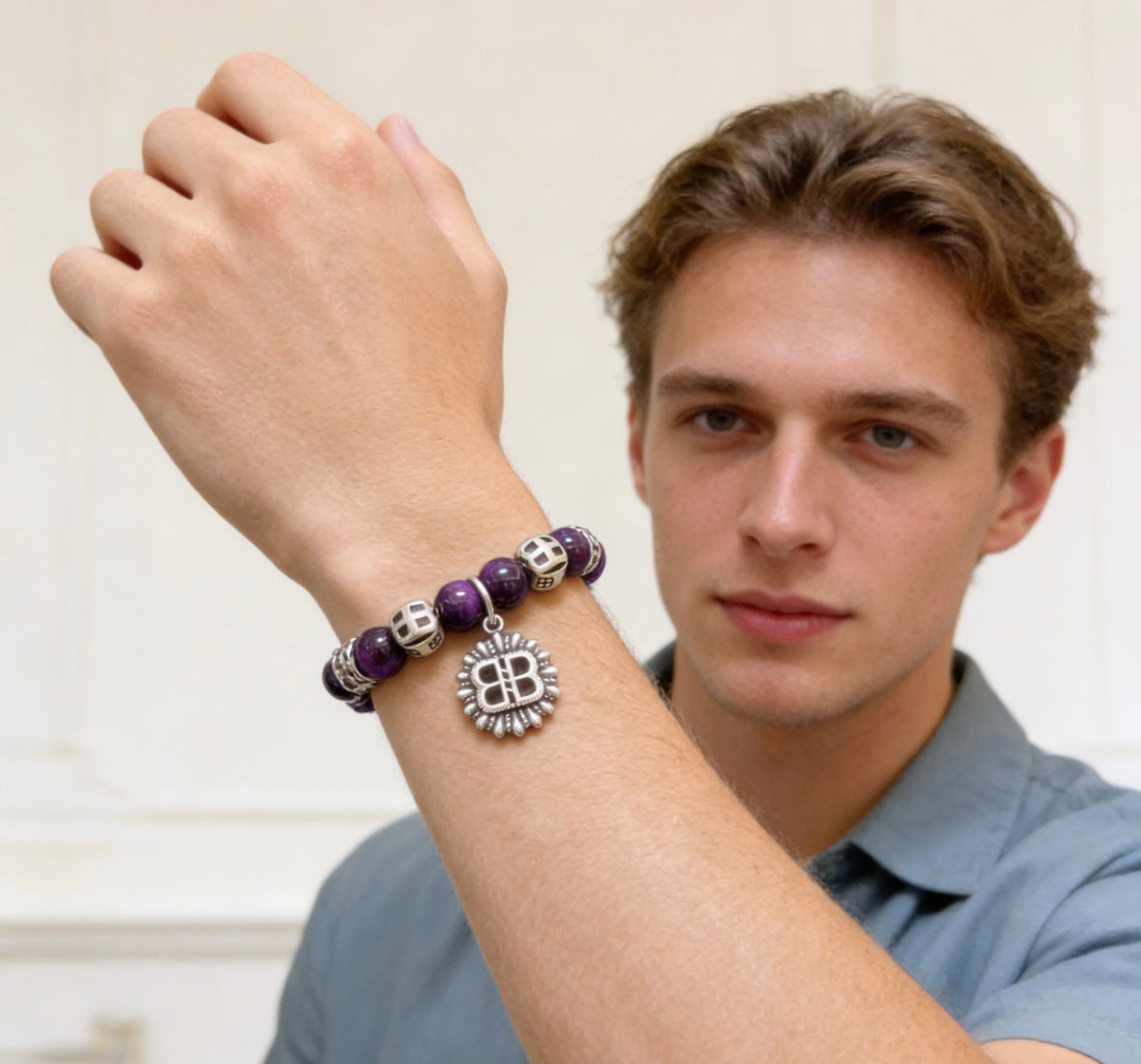 Geometric Emblem Bracelet in Polished Metal-Tone – Vintage Detail – Design 009 styled product view