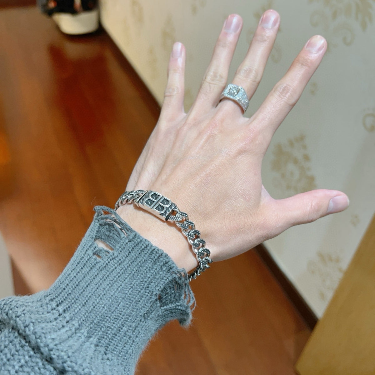 Geometric Emblem Bracelet in Polished Metal-Tone – Design 056 detail view