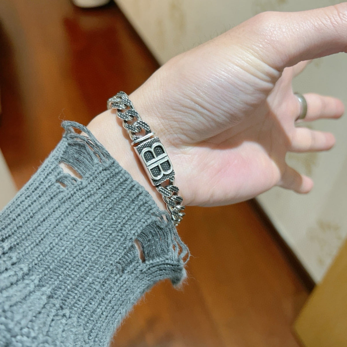 Geometric Emblem Bracelet in Polished Metal-Tone – Design 056 side detail