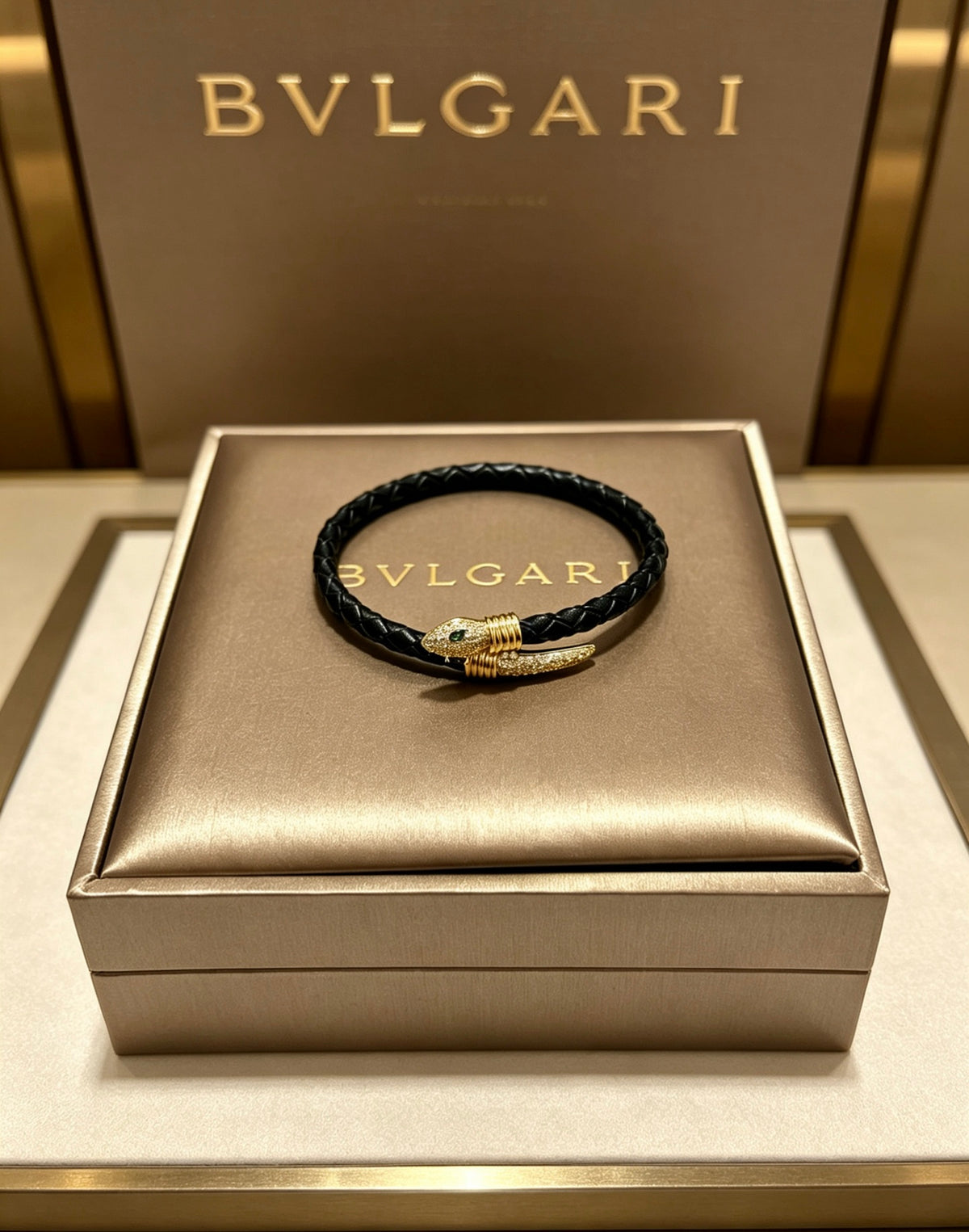 Geometric Emblem Braided Bracelet in Polished Metal-Tone – Design 018 front product view
