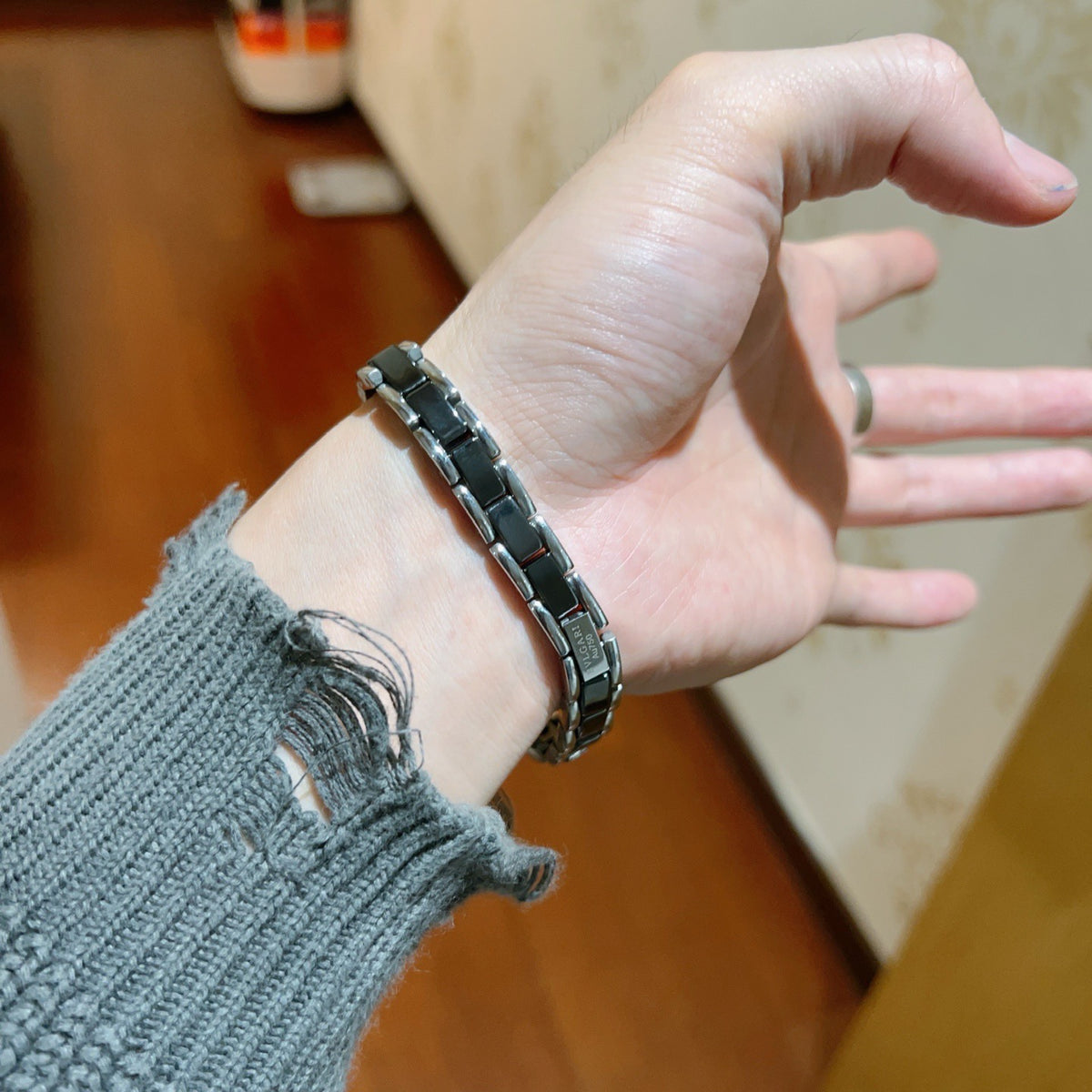 Geometric Emblem Statement Ring in Polished Metal-Tone – Black Detail side detail