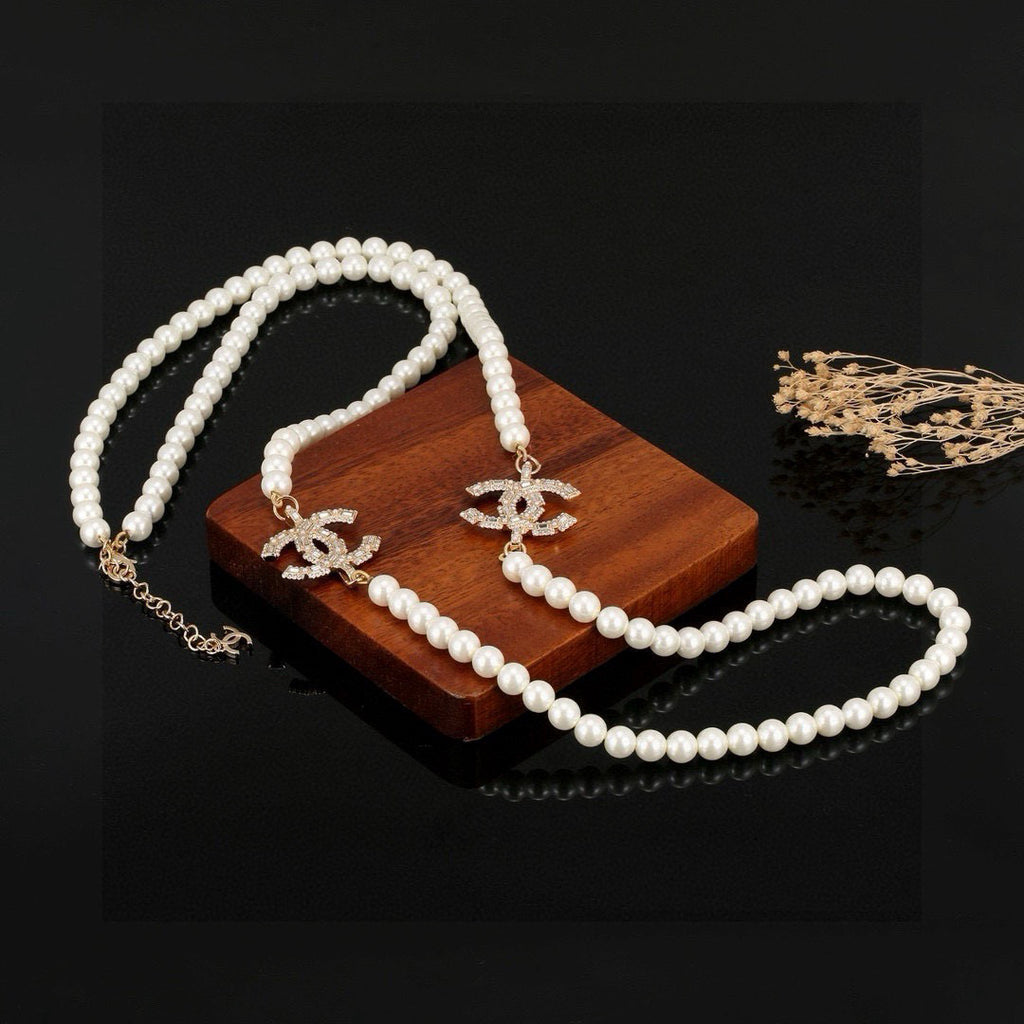 Double-C Emblem Pearl-Detail Pendant Necklace – Pearl Detail – Design 091 styled product view