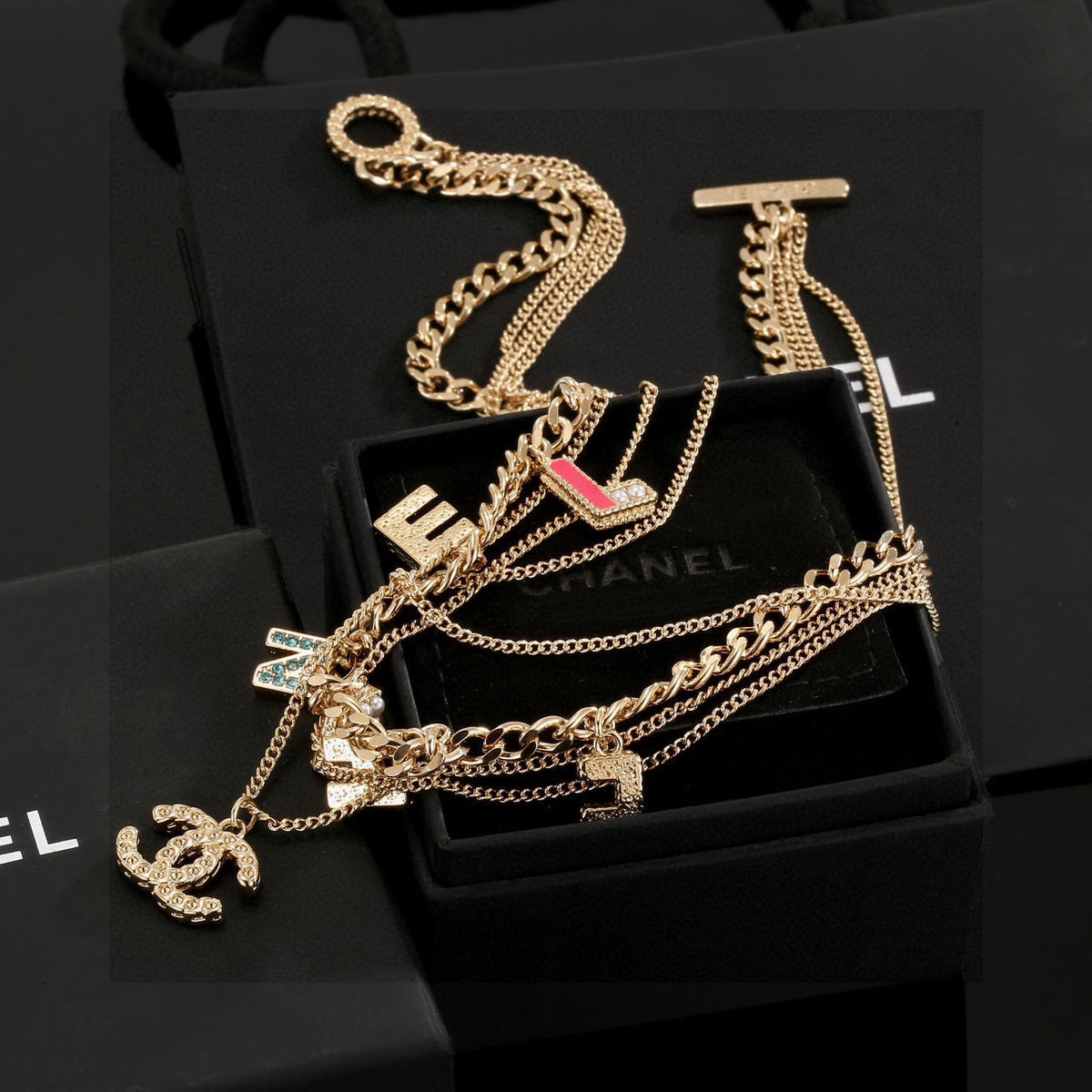 Double-C Emblem Crystal-Accent Pendant Necklace – Design 042 side detail