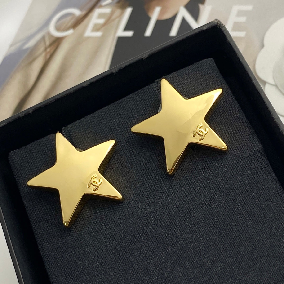 Double-C Emblem Stud Earrings in Gold-Tone – Star Detail – Design 007 main product view