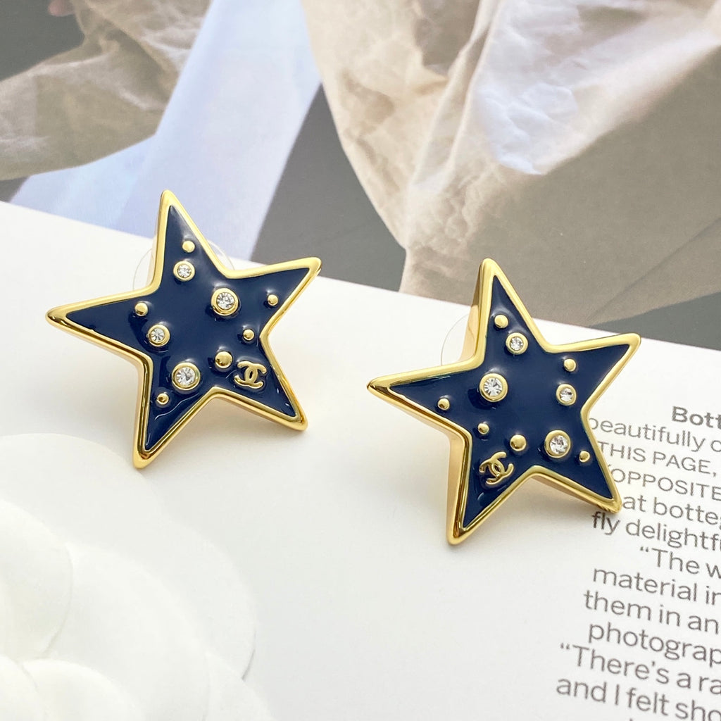 Double-C Emblem Crystal-Accent Stud Earrings – Star Detail – Design 003 front product view