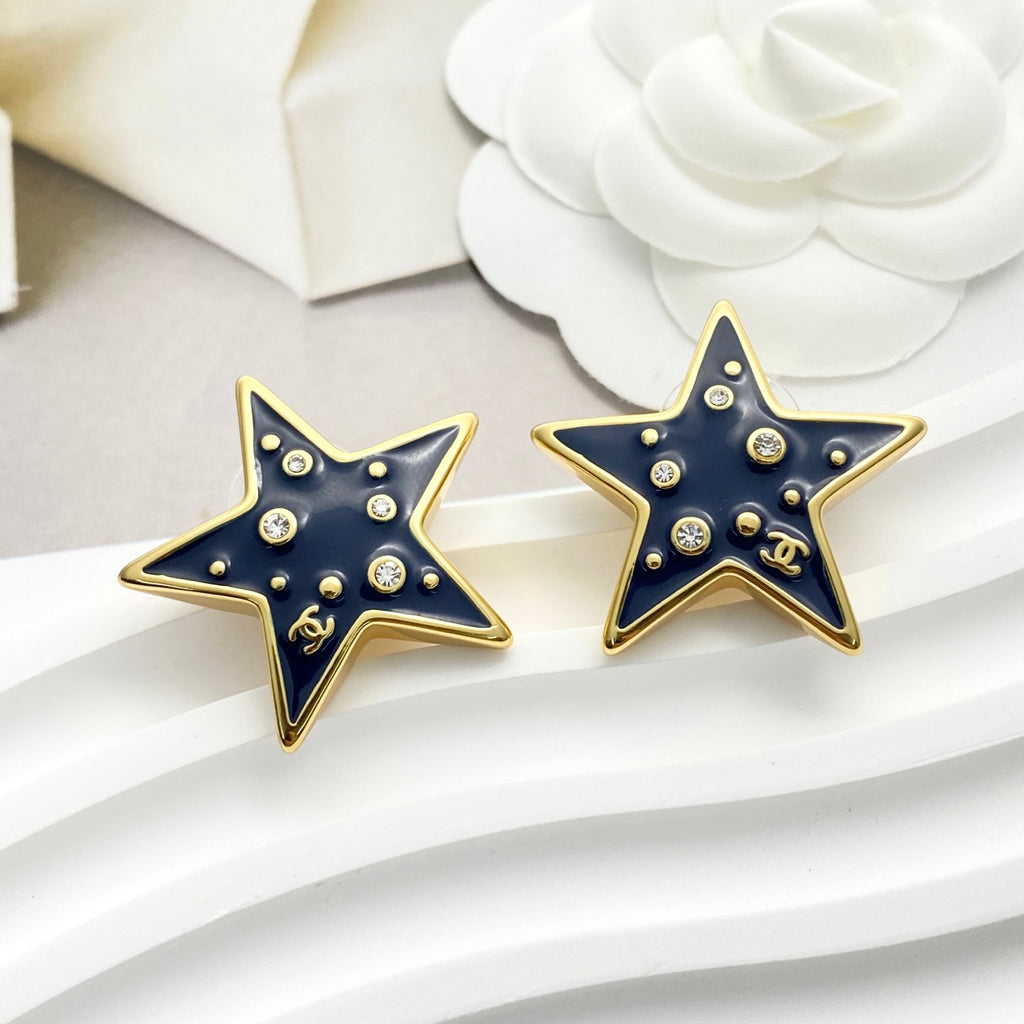 Double-C Emblem Crystal-Accent Stud Earrings – Star Detail – Design 003 front product view