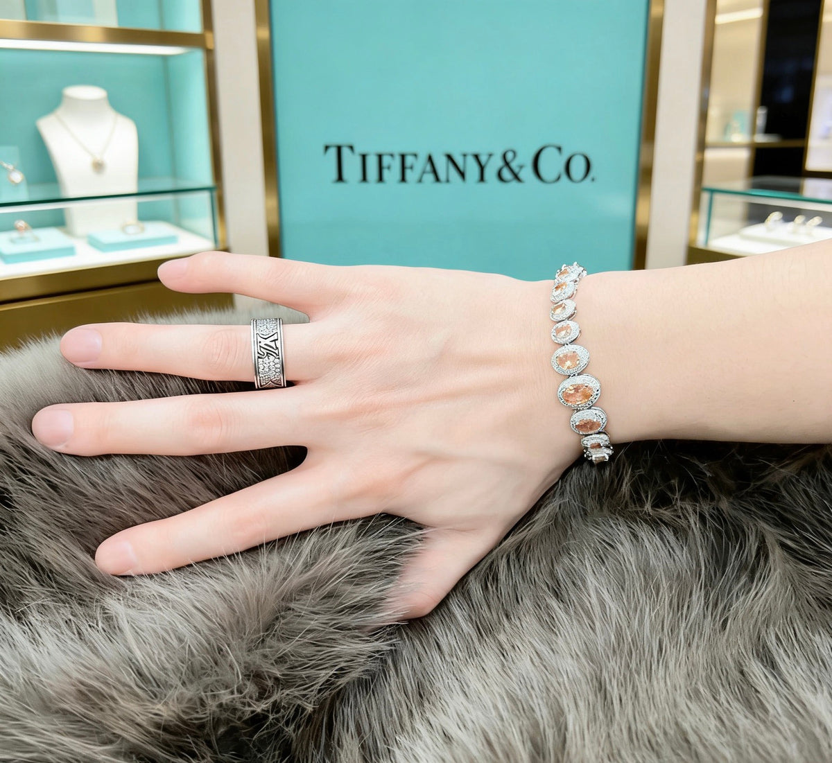 Floral Bracelet in Polished Metal-Tone – Crystal Detail – Design 02 detail view