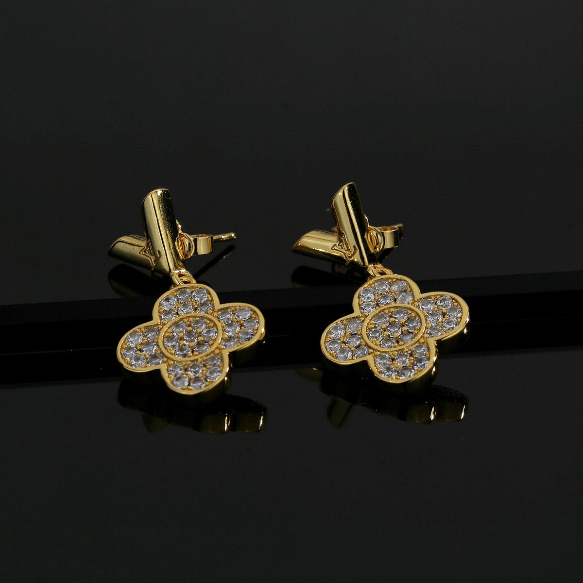 Geometric Emblem Stud Earrings in Polished Metal-Tone – Design 033 front product view