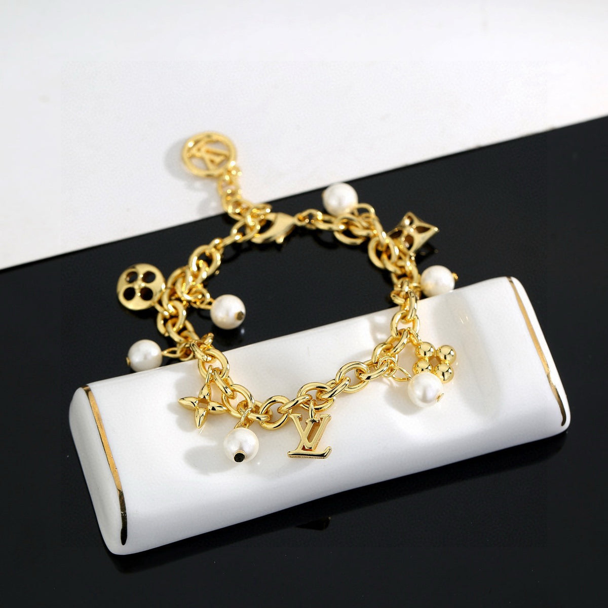 Letter Emblem Bracelet in Polished Metal-Tone – Design 033 detail view