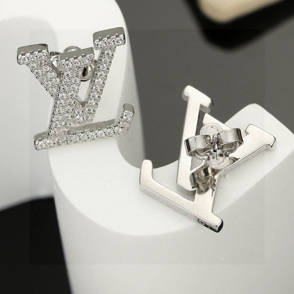 Letter Emblem Stud Earrings in Polished Metal-Tone – Design 031 styled product view