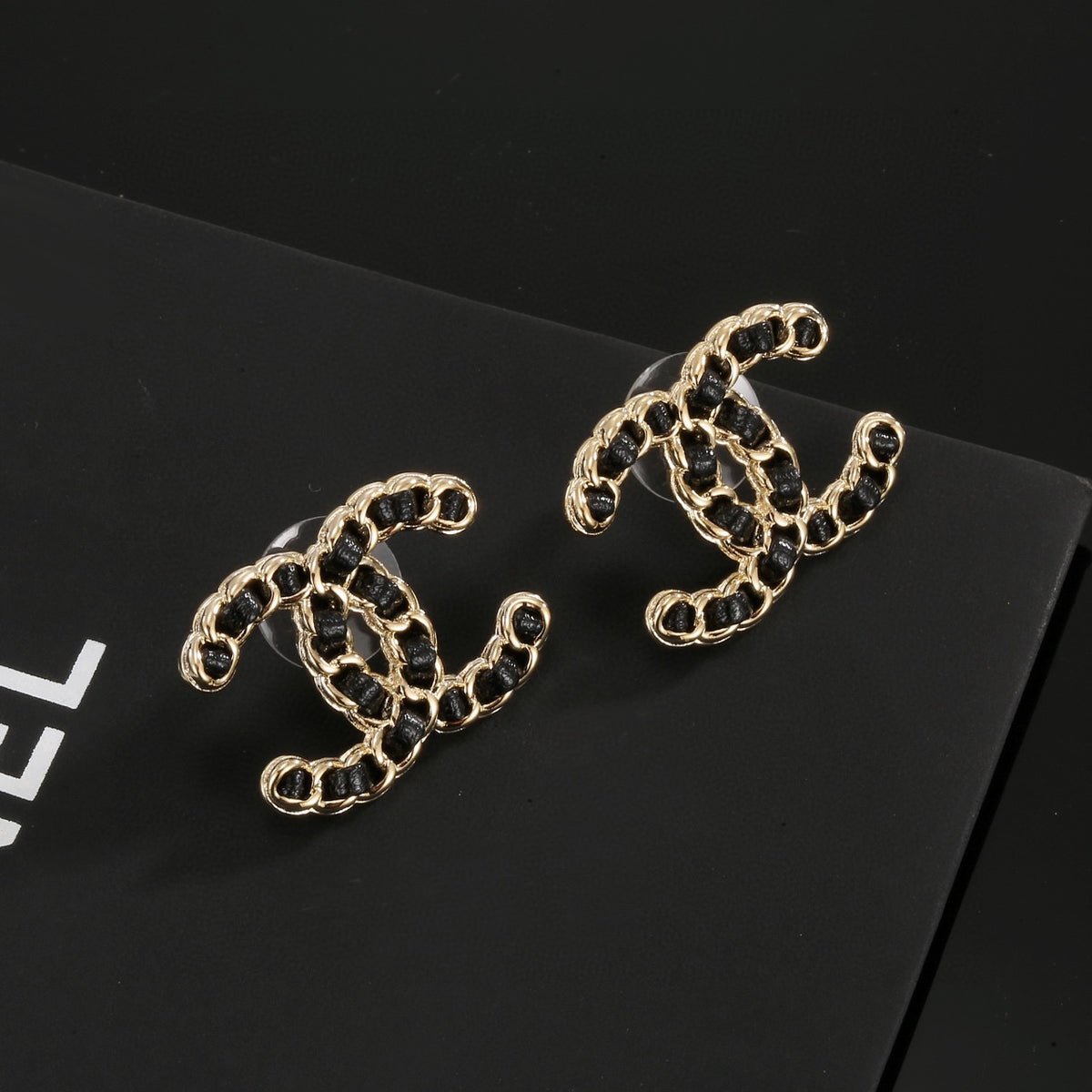 Signature Emblem Stud Earrings in Polished Metal-Tone – Black Detail – Design 002 styled product view