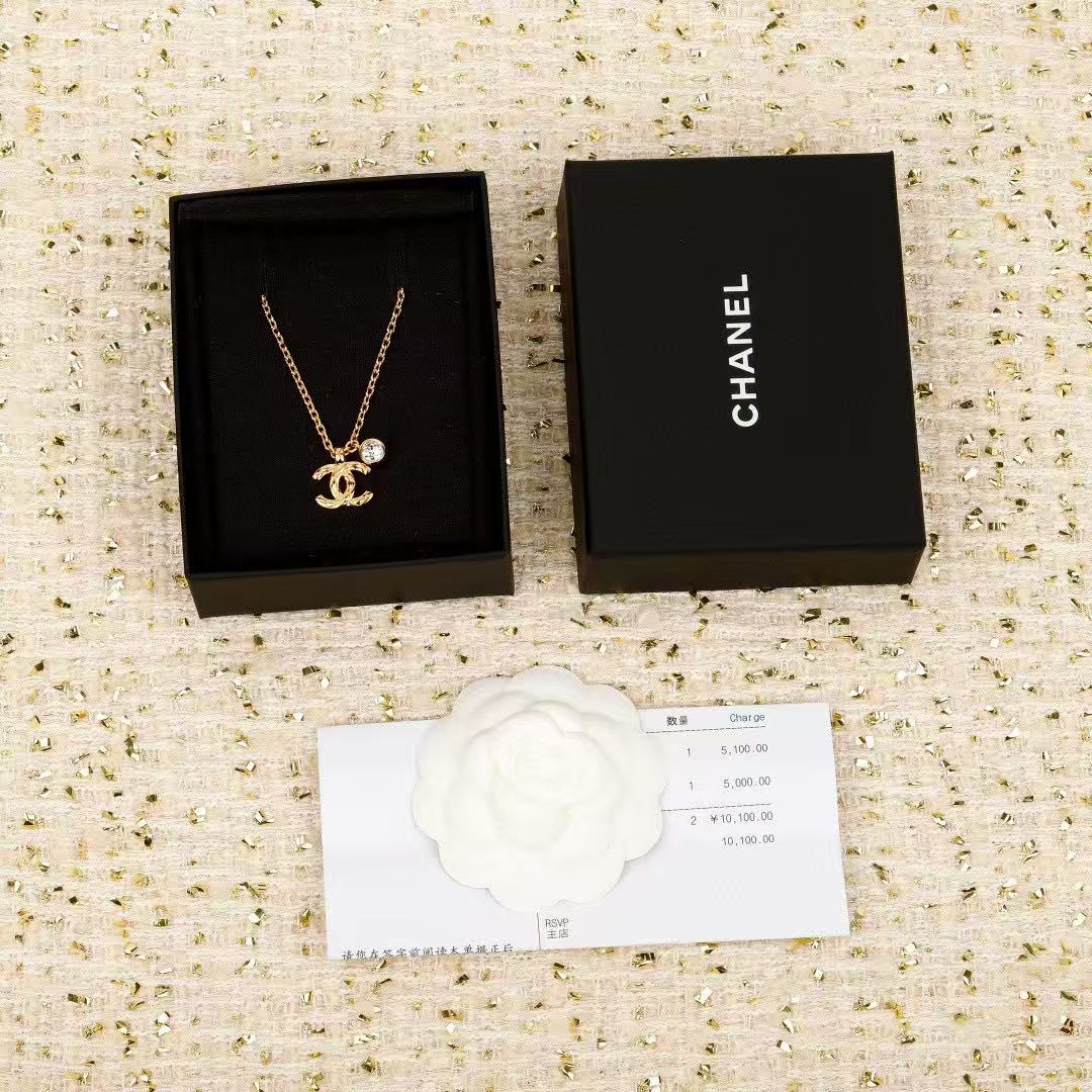 Double-C Emblem Pendant Necklace in Gold-Tone – Design 013 styled product view