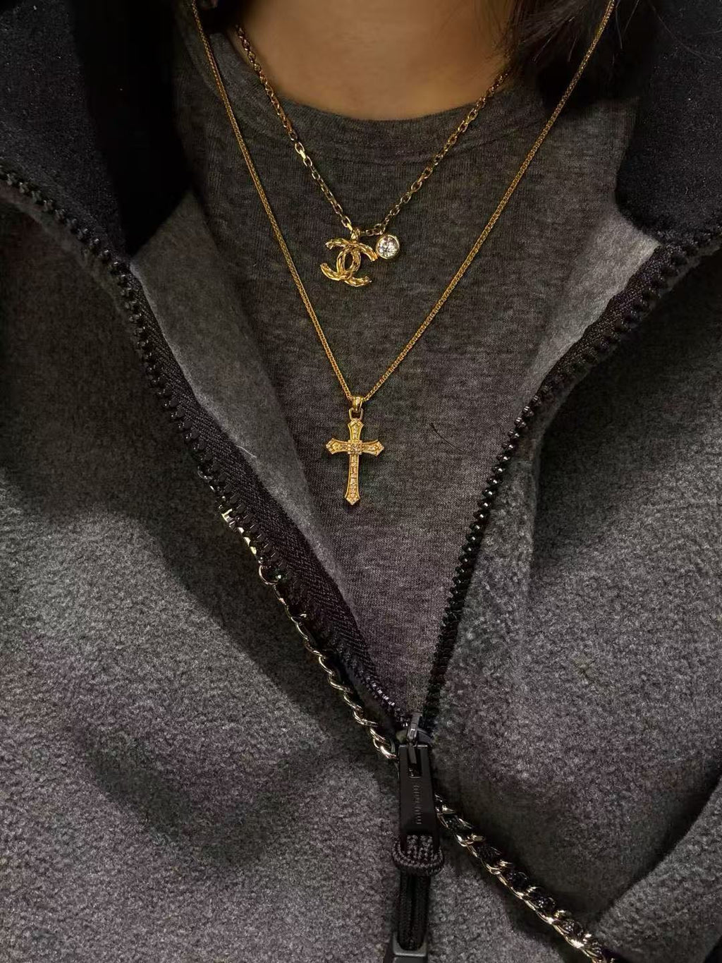 Double-C Emblem Pendant Necklace in Gold-Tone – Design 013 detail view