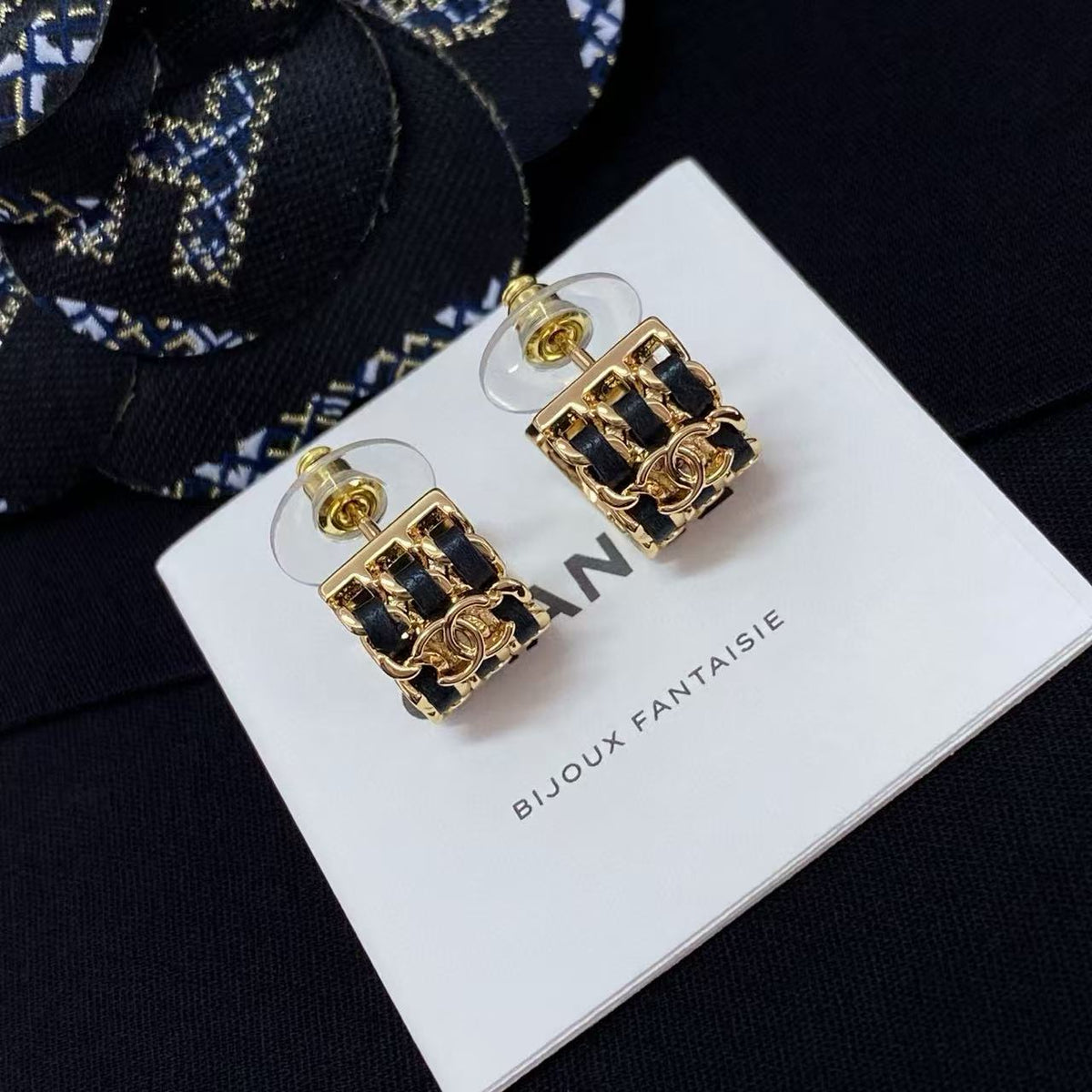 Double-C Emblem Stud Earrings in Polished Metal-Tone – Black Detail – Design 005 detail view