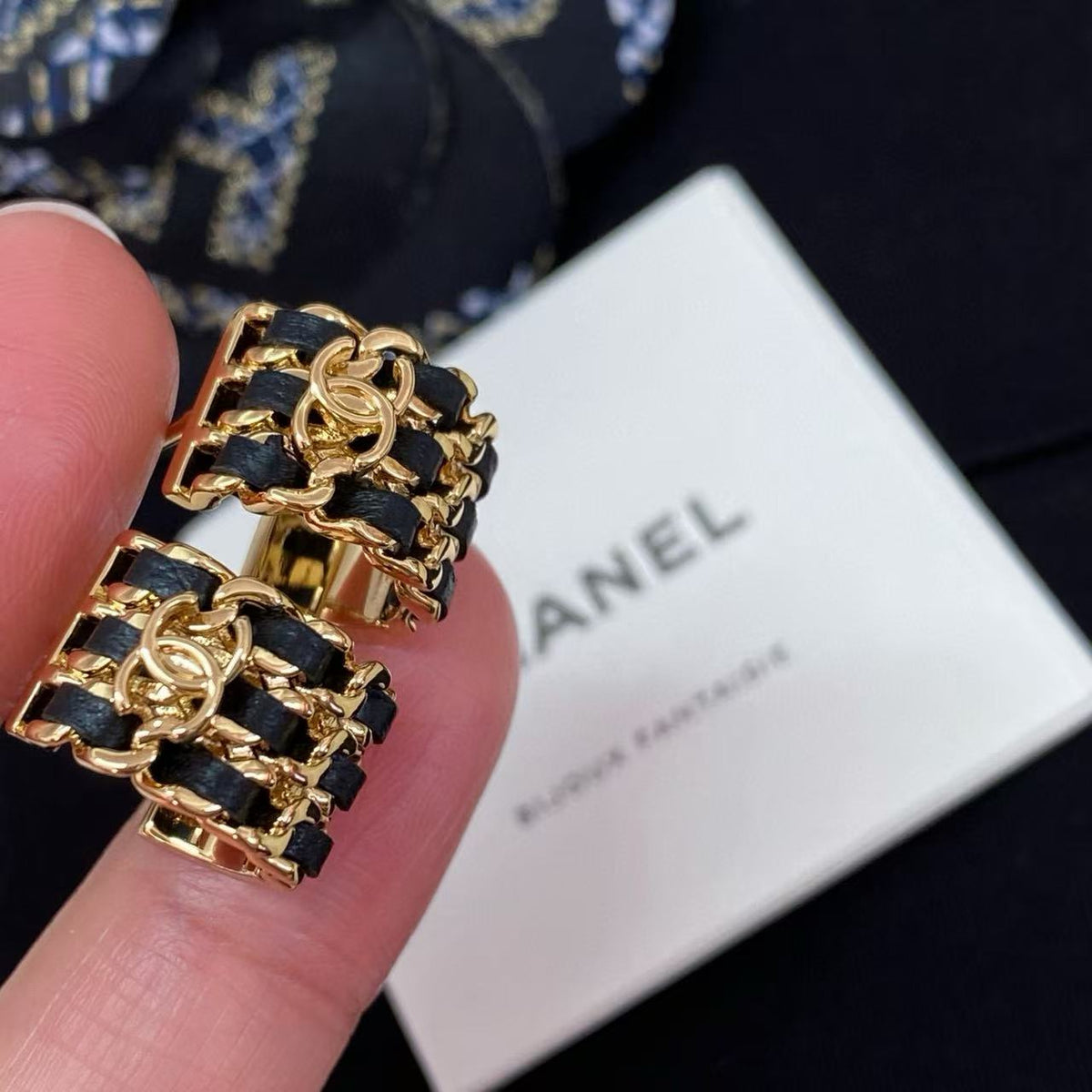 Double-C Emblem Stud Earrings in Polished Metal-Tone – Black Detail – Design 005 main product view