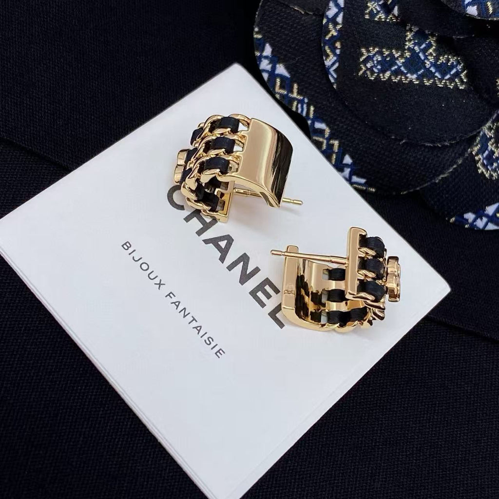 Double-C Emblem Stud Earrings in Polished Metal-Tone – Black Detail – Design 004 main product view