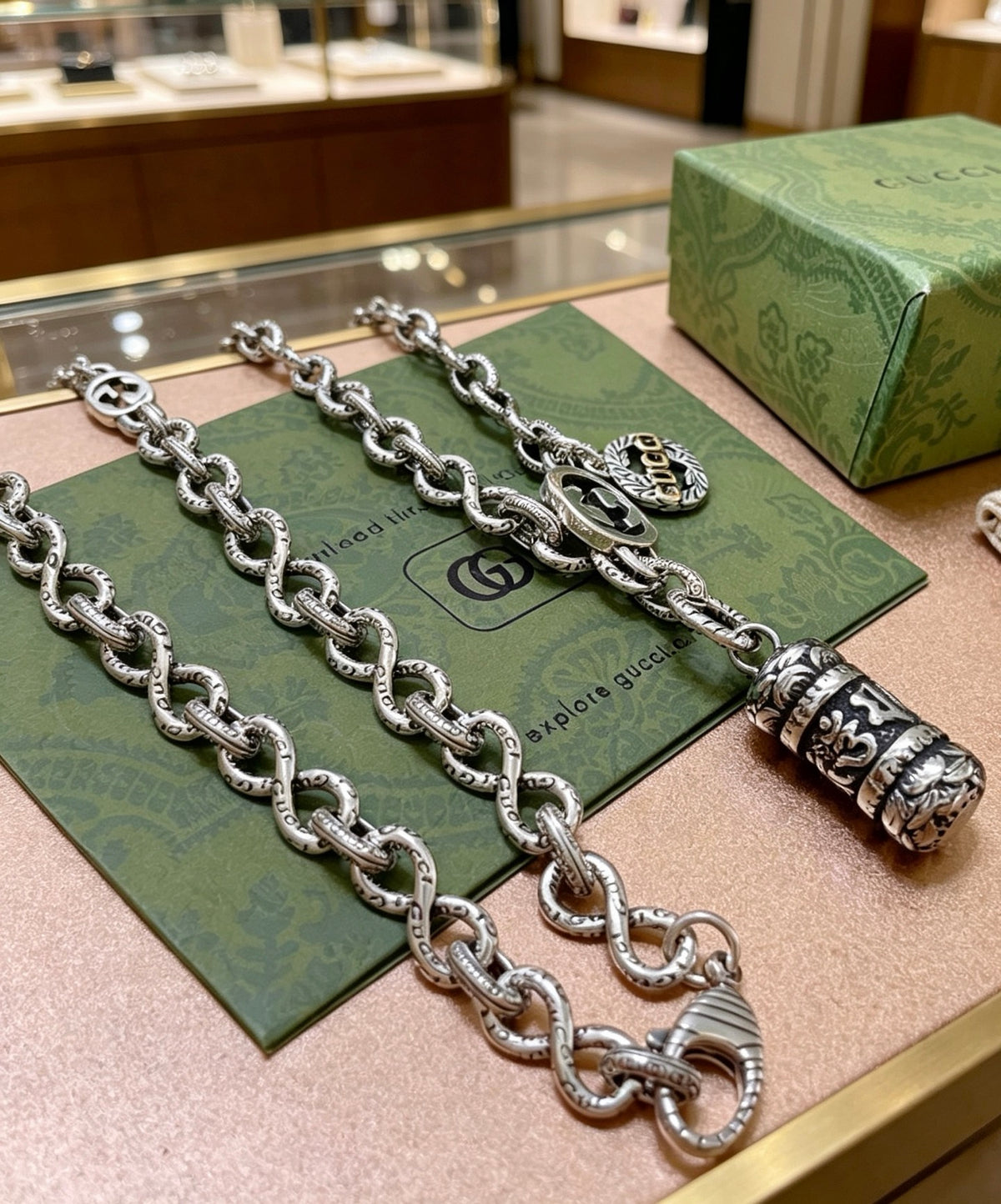 Double-G Emblem Pendant Necklace in Polished Metal-Tone – Vintage Detail – Design 010 close-up detail