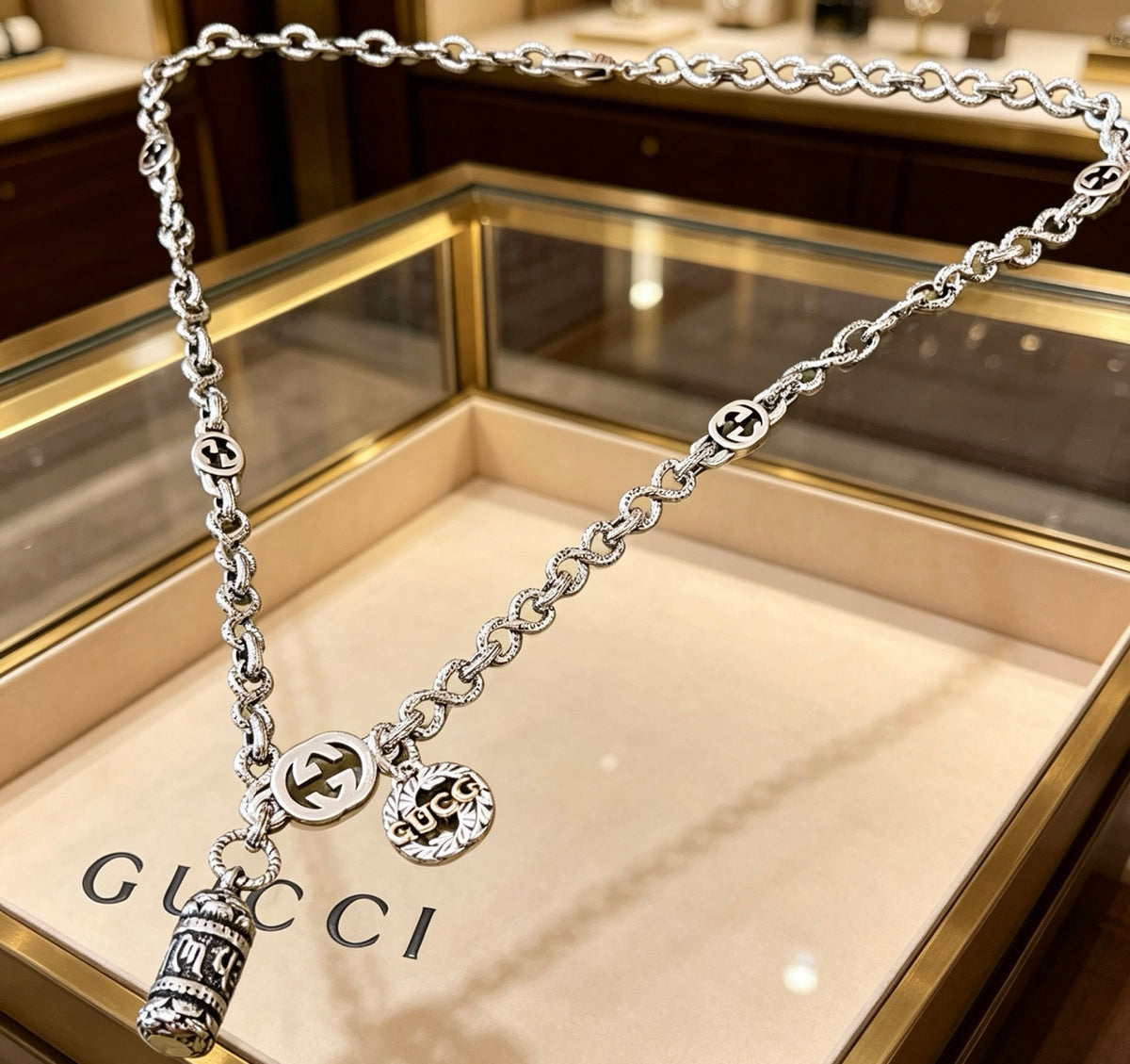 Double-G Emblem Pendant Necklace in Polished Metal-Tone – Vintage Detail – Design 048 main product view