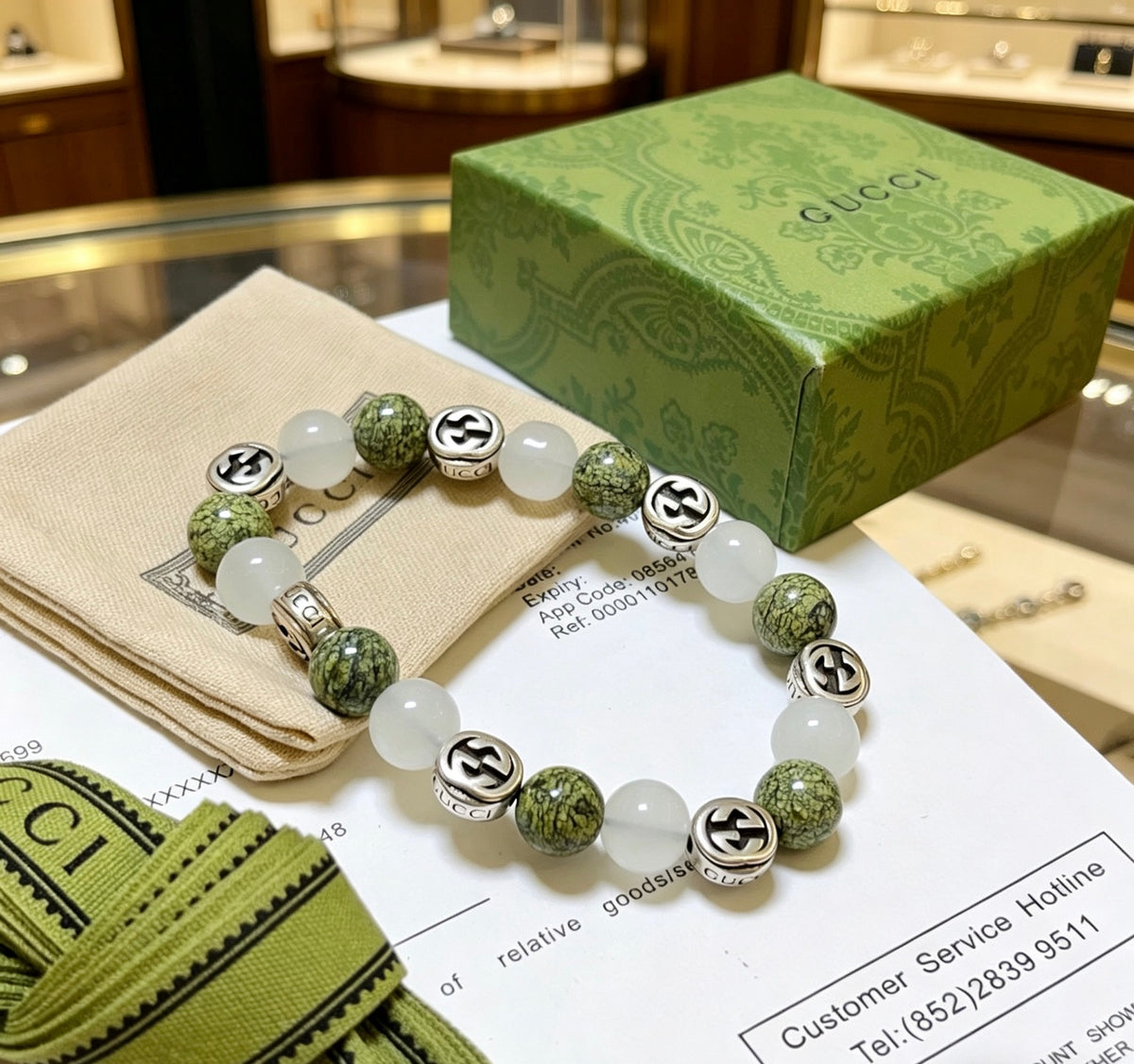 Double-G Emblem Beaded Bracelet in Polished Metal-Tone – Agate Detail – Design 020 main product view