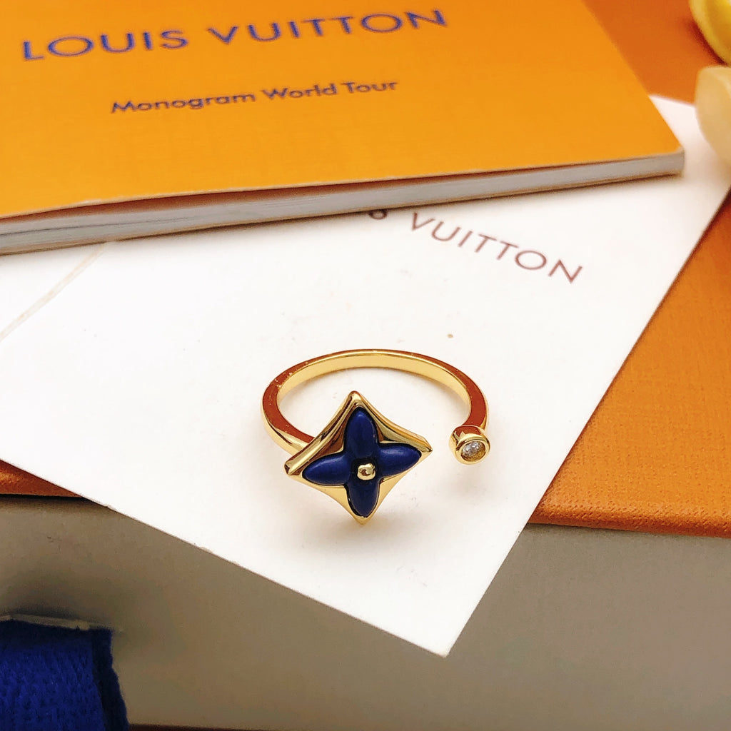Geometric Emblem Statement Ring in Gold-Tone – Blue Detail front product view