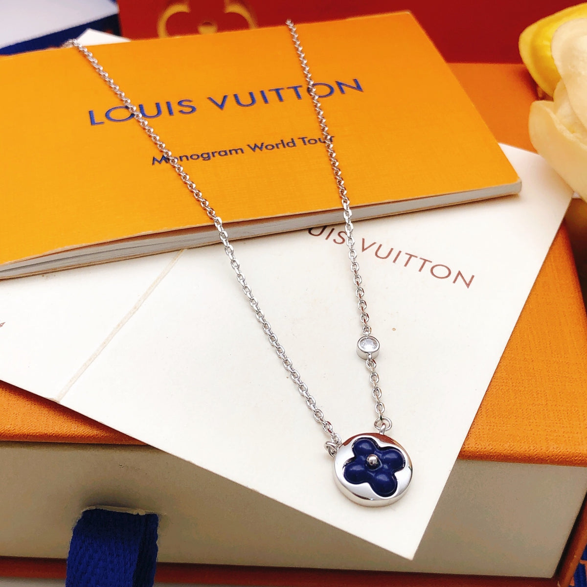 Geometric Emblem Pendant Necklace in Gold-Tone – Blue Detail – Design 002 main product view