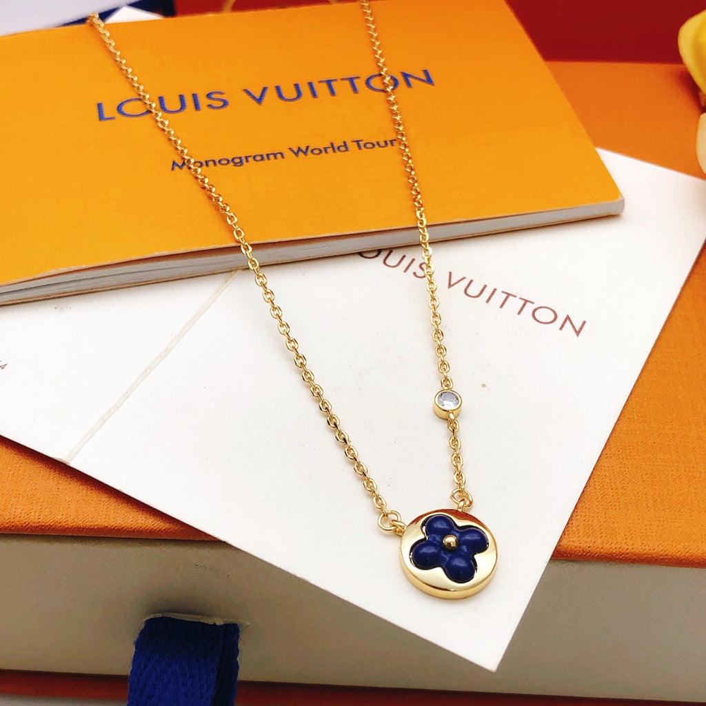 Geometric Emblem Pendant Necklace in Gold-Tone – Blue Detail main product view