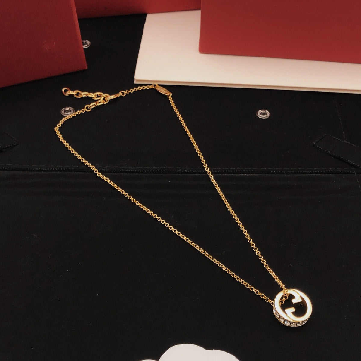 Geometric Emblem Pendant Necklace in Gold-Tone – Design 001 front product view