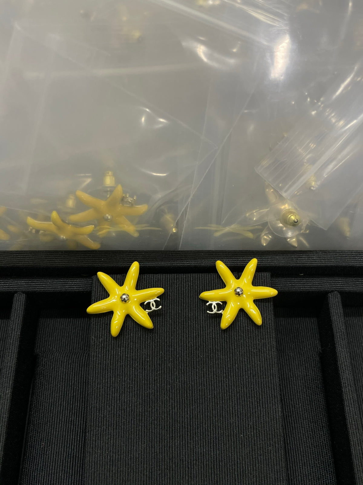 Floral Stud Earrings in Polished Metal-Tone – Blue Detail side detail