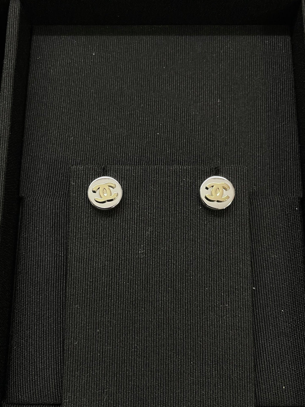 Double-C Emblem Stud Earrings in Polished Metal-Tone – Design 324 styled product view