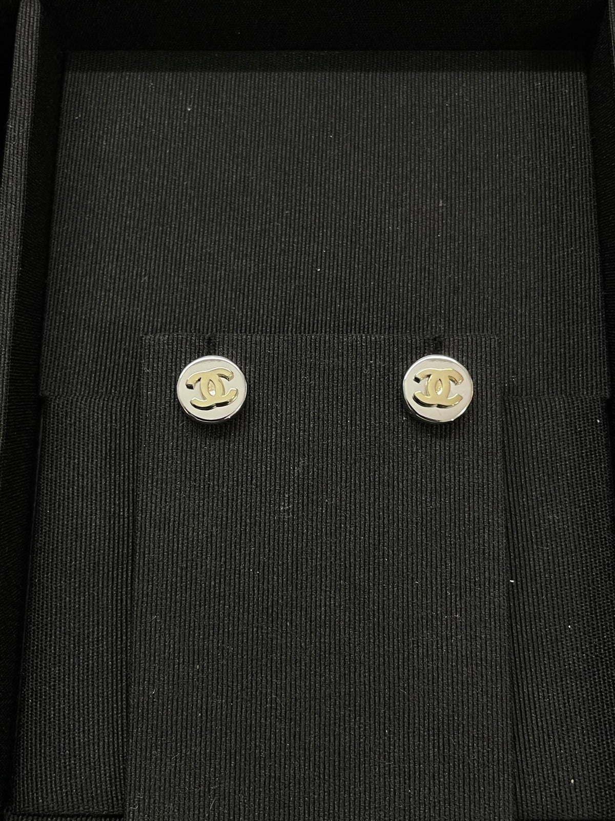 Double-C Emblem Stud Earrings in Polished Metal-Tone – Design 324 styled product view