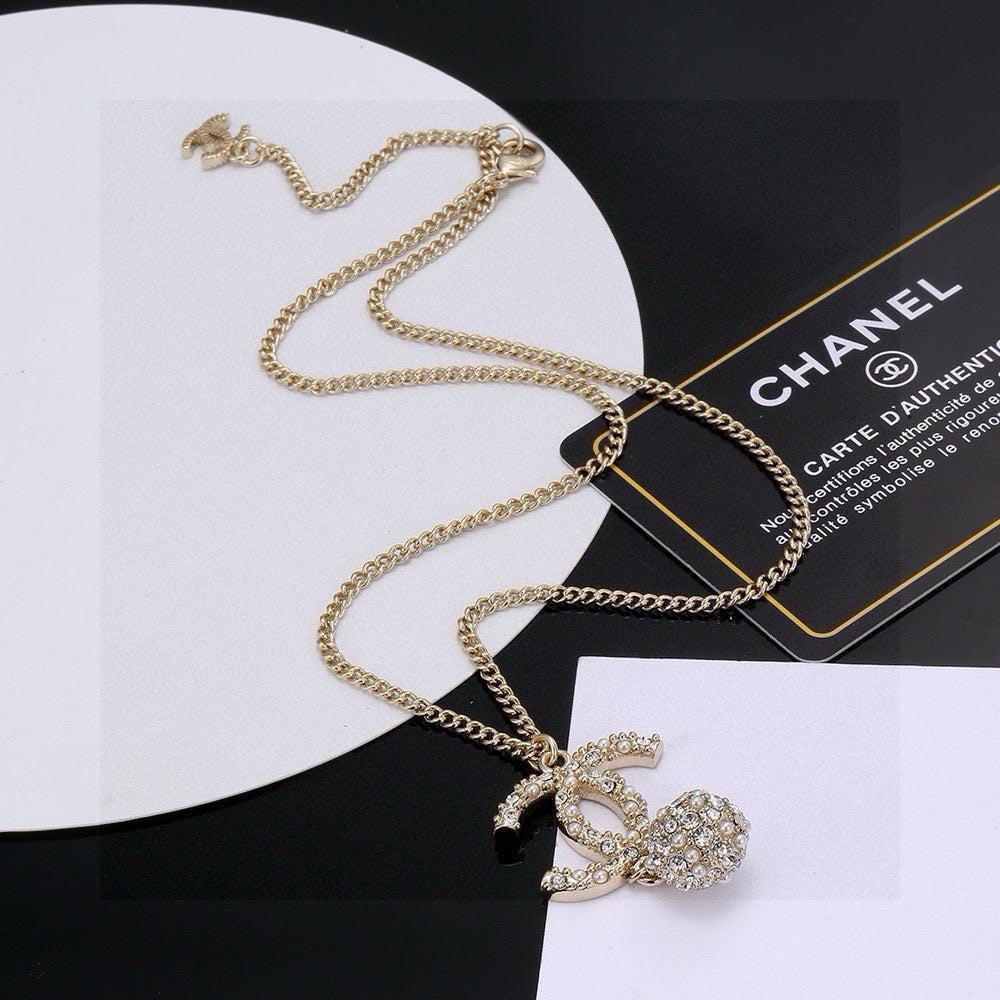 Double-C Emblem Pearl-Detail Pendant Necklace – Pearl Detail – Design 009 front product view