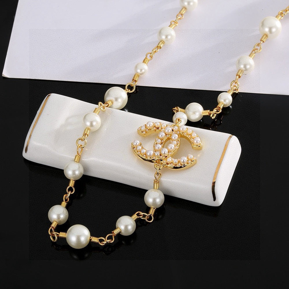 Double-C Emblem Pearl-Detail Pendant Necklace – Pearl Detail – Design 096 main product view