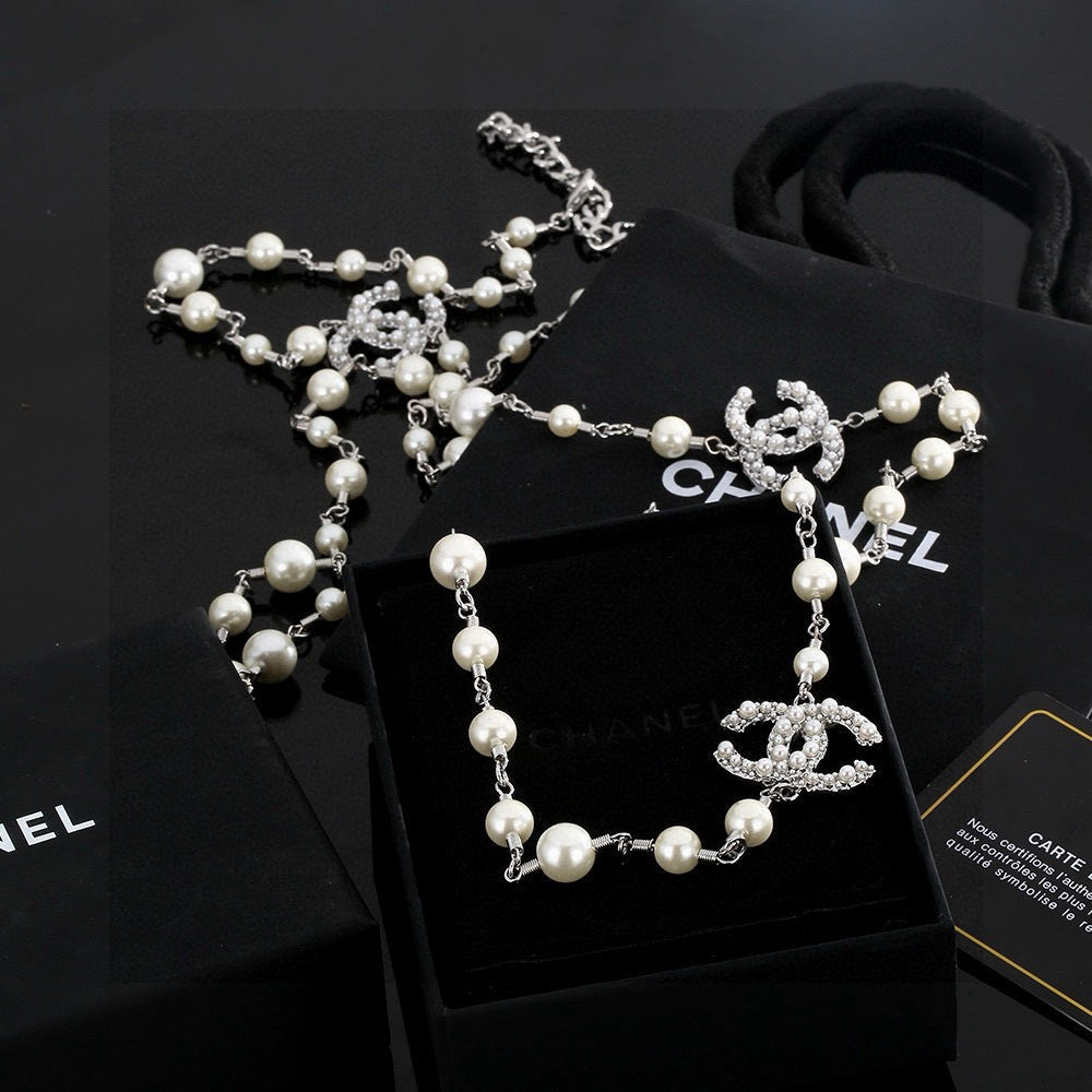 Double-C Emblem Pearl-Detail Pendant Necklace – Pearl Detail – Design 096 front product view