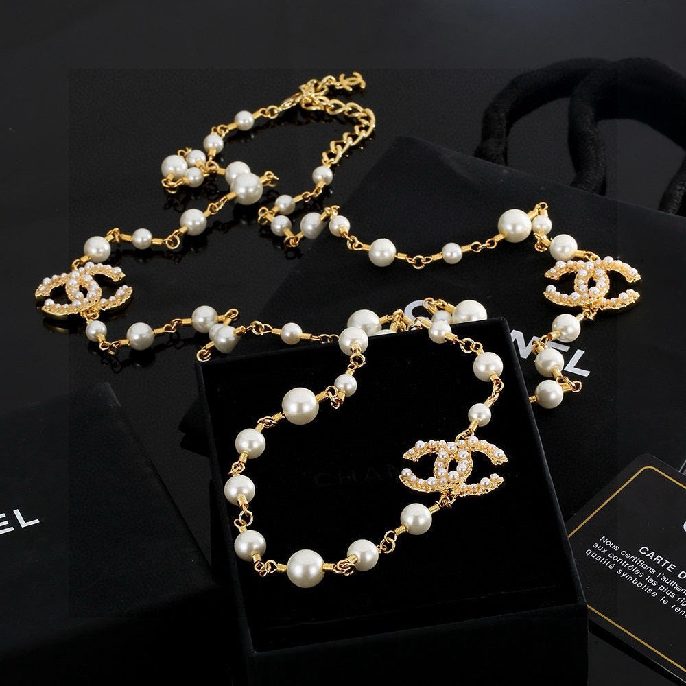 Double-C Emblem Pearl-Detail Pendant Necklace – Pearl Detail – Design 096 front product view