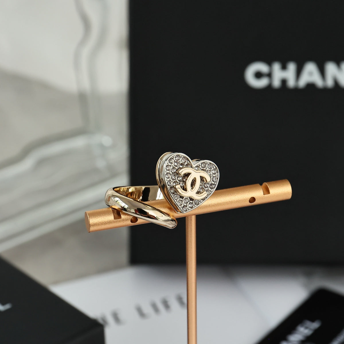 Double-C Emblem Statement Ring in Polished Metal-Tone – Heart Detail – Design 002 main product view