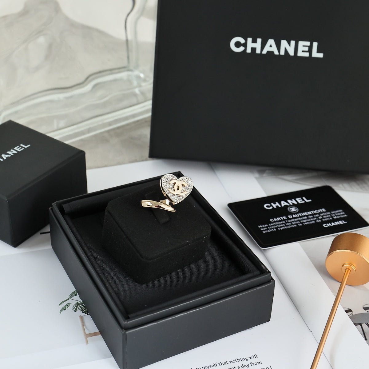 Double-C Emblem Statement Ring in Polished Metal-Tone – Heart Detail – Design 003 close-up detail