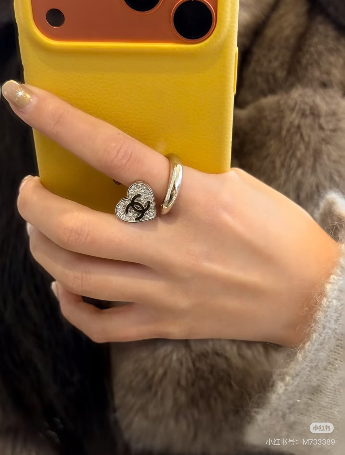 Double-C Emblem Statement Ring in Polished Metal-Tone – Heart Detail – Design 002 front product view