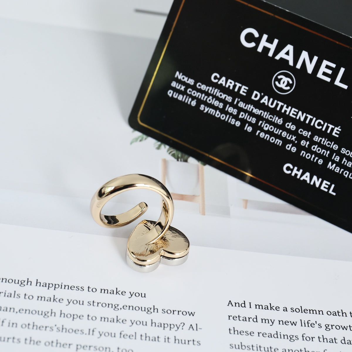 Double-C Emblem Statement Ring in Polished Metal-Tone – Heart Detail – Design 002 front product view