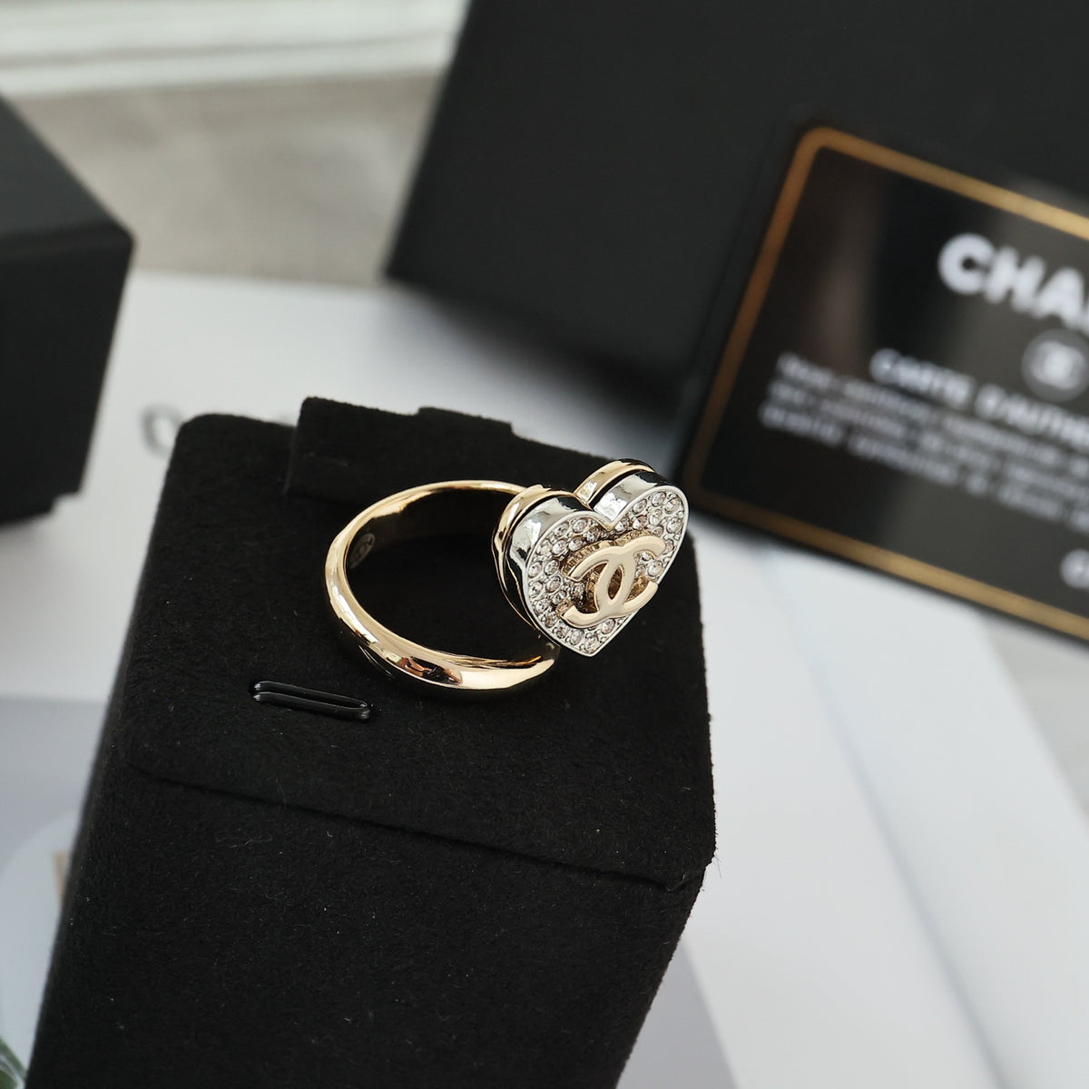 Double-C Emblem Statement Ring in Polished Metal-Tone – Heart Detail – Design 002 detail view