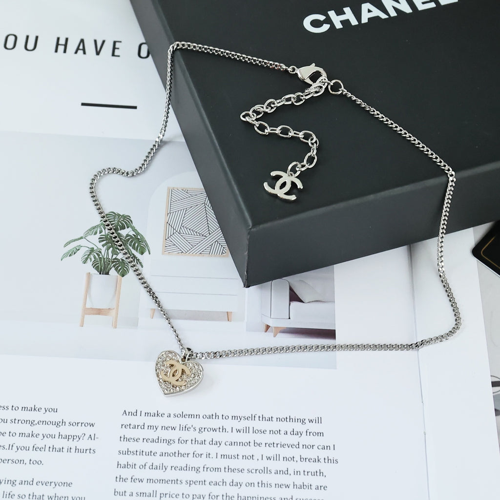Double-C Emblem Crystal-Accent Pendant Necklace – Heart Detail – Design 008 styled product view