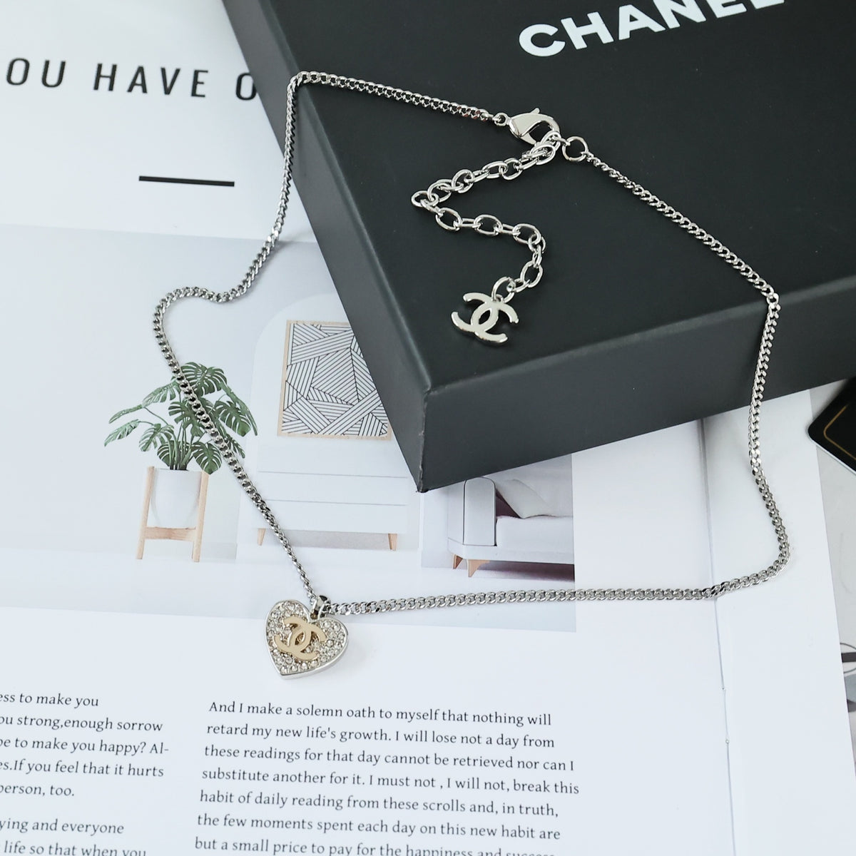 Double-C Emblem Crystal-Accent Pendant Necklace – Heart Detail – Design 008 styled product view