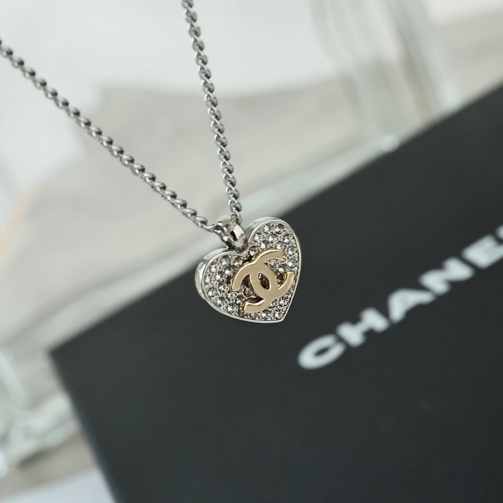Double-C Emblem Crystal-Accent Pendant Necklace – Heart Detail – Design 008 front product view