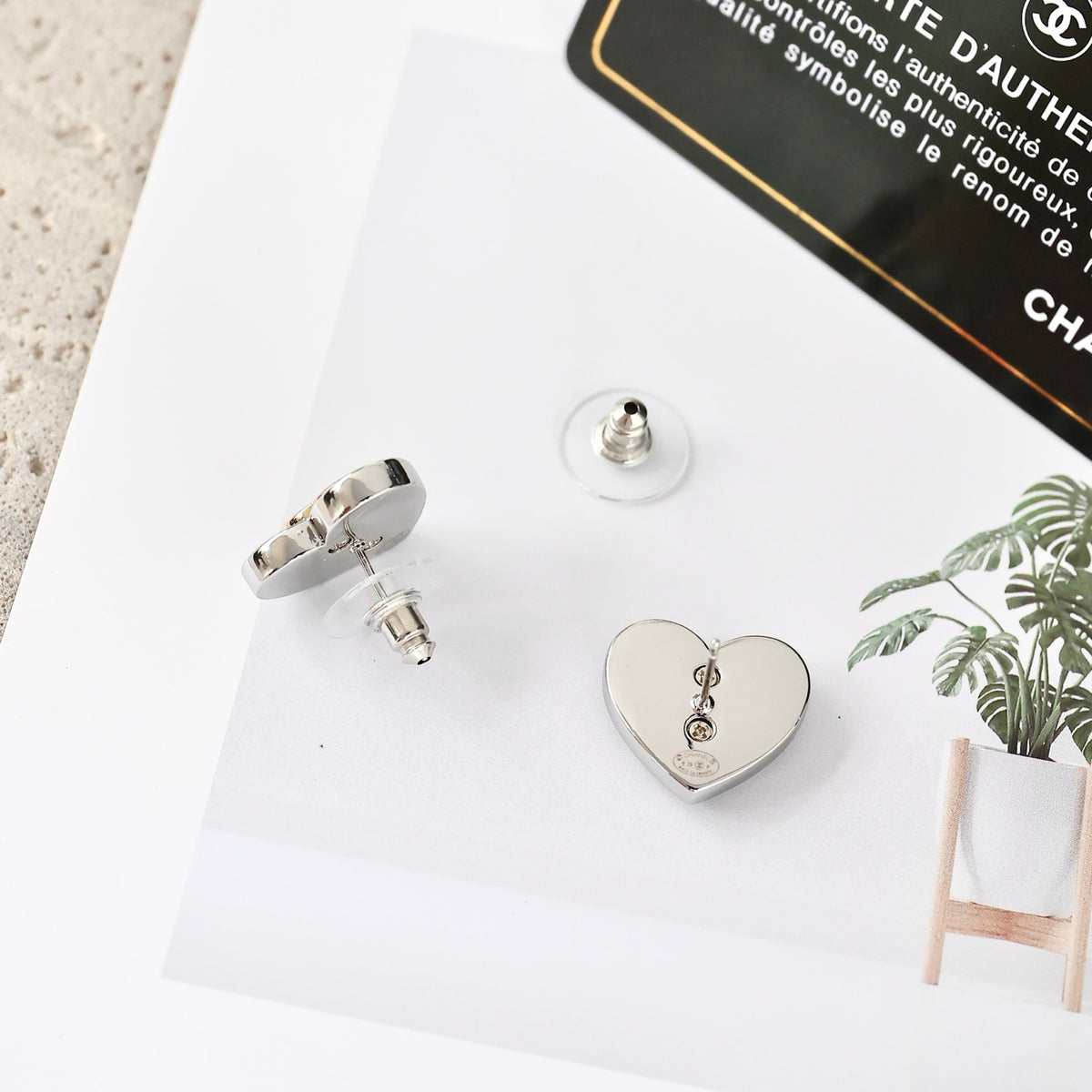 Double-C Emblem Crystal-Accent Stud Earrings – Heart Detail – Design 005 front product view