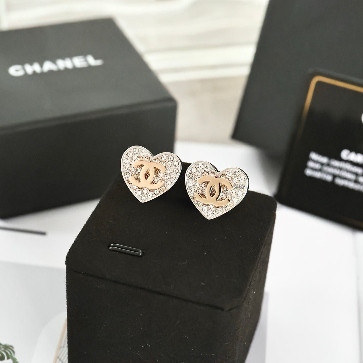 Double-C Emblem Crystal-Accent Stud Earrings – Heart Detail – Design 004 styled product view