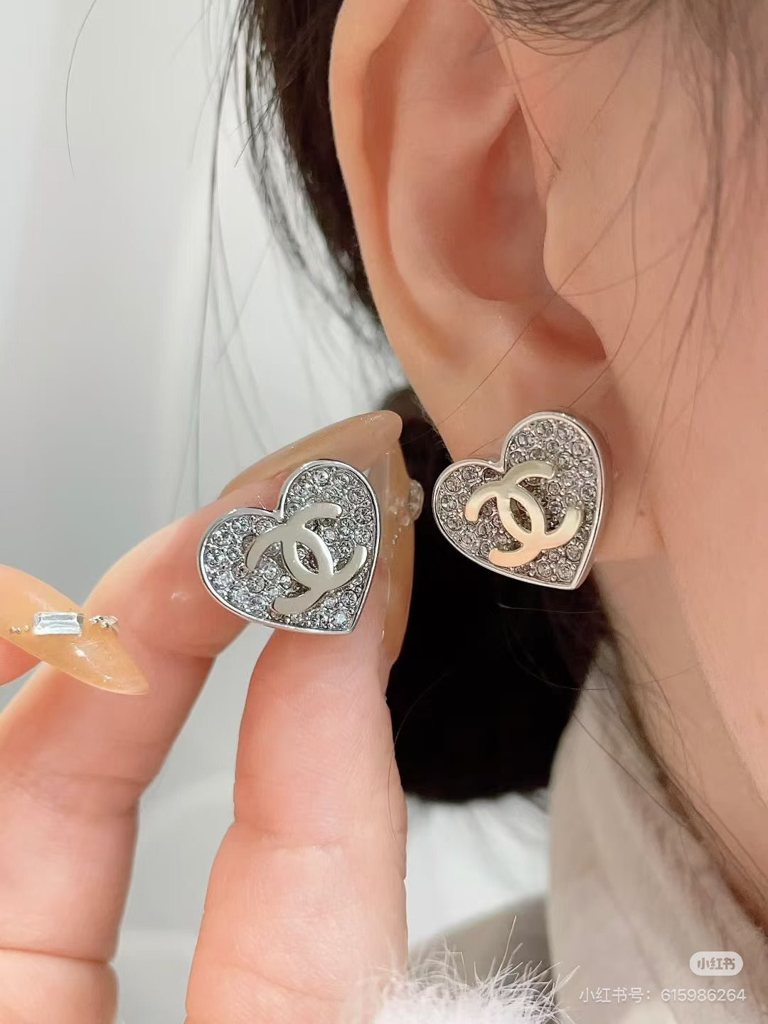 Double-C Emblem Crystal-Accent Stud Earrings – Heart Detail – Design 005 main product view
